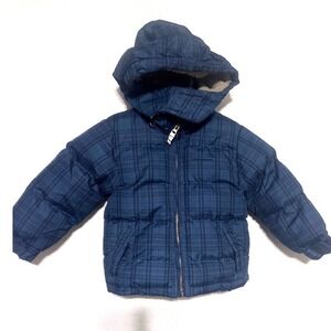 London Fog Kids Plaid Puffer Coat Hooded Thick‎ Sherpa Lined Blue Black Size 3T